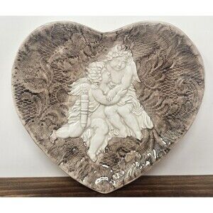 Vtg Italian Heart Shaped Ceremic Plate Trinket Dish Cherubs Embossed Lace 8.5"